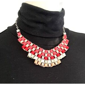 90s Grosgrain Ribbon Statement Bib Necklace Silver Tone Metal Woven Red NY EUC